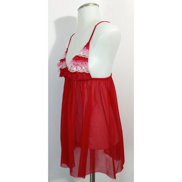 Fredrick's Of Hollywood Red Christmas Candy Cane Baby Doll Layered Ruffles Sz S - Picture 2 of 5